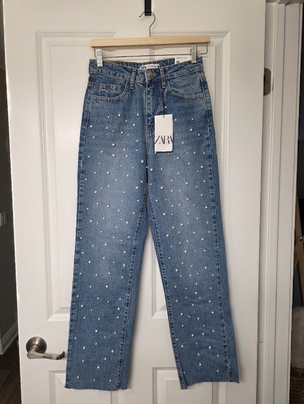 Zara Blue Straight-Leg Jeans with Pearls